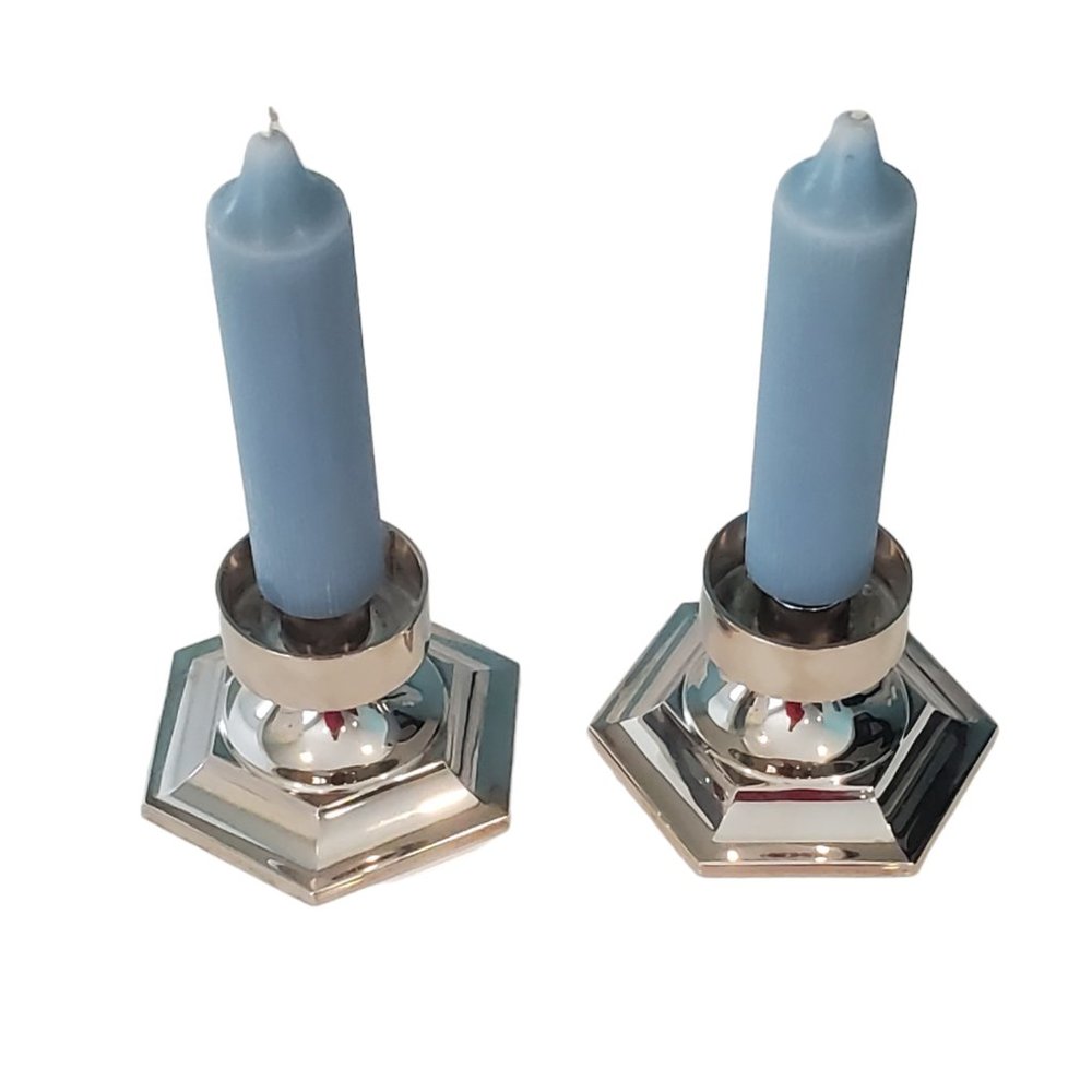 Vintage Silver Hexagonal Chrome Candle Holders (candles NOT included)